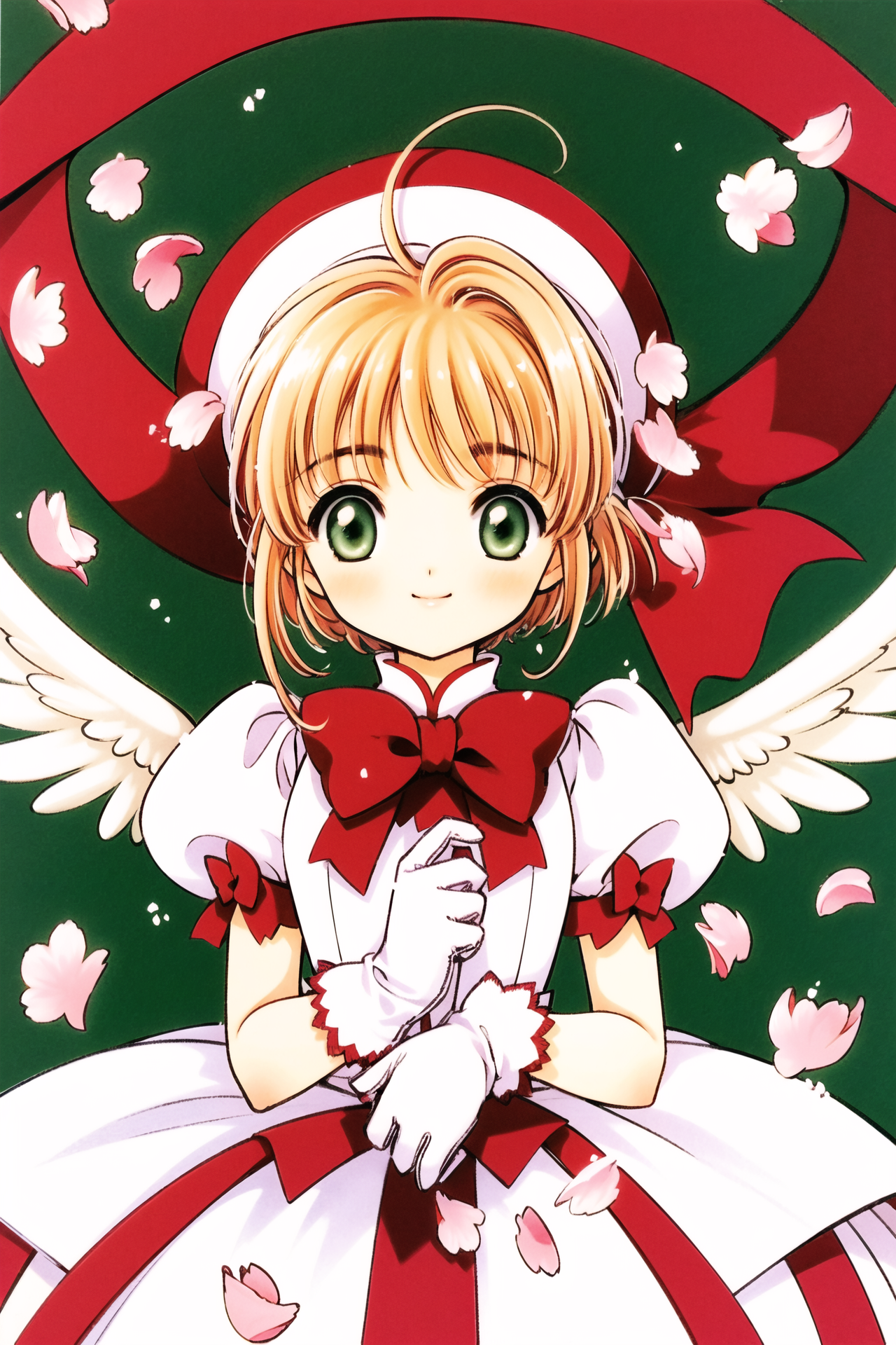 17411-1503039516-1girl, brown hair, kinomoto sakura, hat, gloves, dress, green eyes, white gloves, kero, wings, magical girl, bow, short hair, sh.png